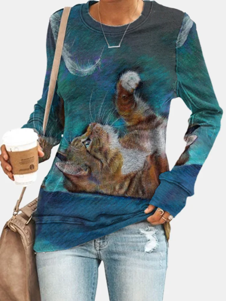 

3XL Ladies Cartoon Animal Cat Digital Print T Shirt Women O-Neck Long Sleeve Loose T Shirts Spring Casual Tops Aesthetic Clothes