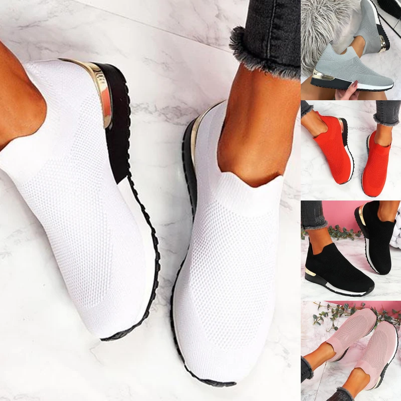 

Women Shoes Ladies Solid Color Pull-on Knitted Sneakers For Women New Casual Sports Mesh Shoes Ladies Vulcanized Shoes