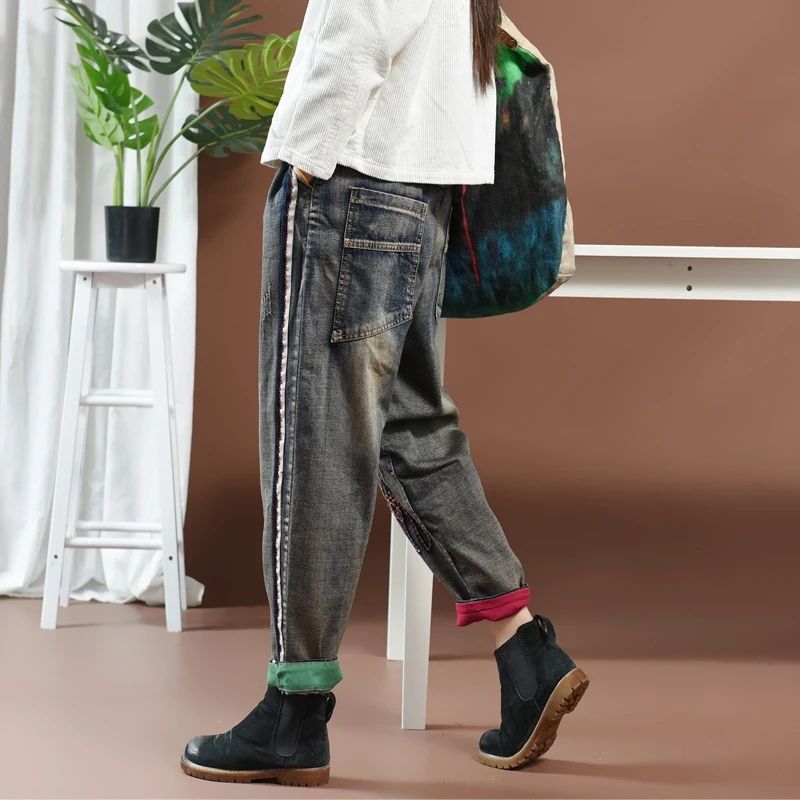 Осенние зимние джинсы женские свободные Ретро повседневные джинсовые брюки 2019