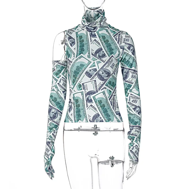 

Fashion Temperatment Printing Personalized T-Shirt 2020 Autumn New Long-Sleeved Finger Cots Round Neck Top Women's Vintage Tops