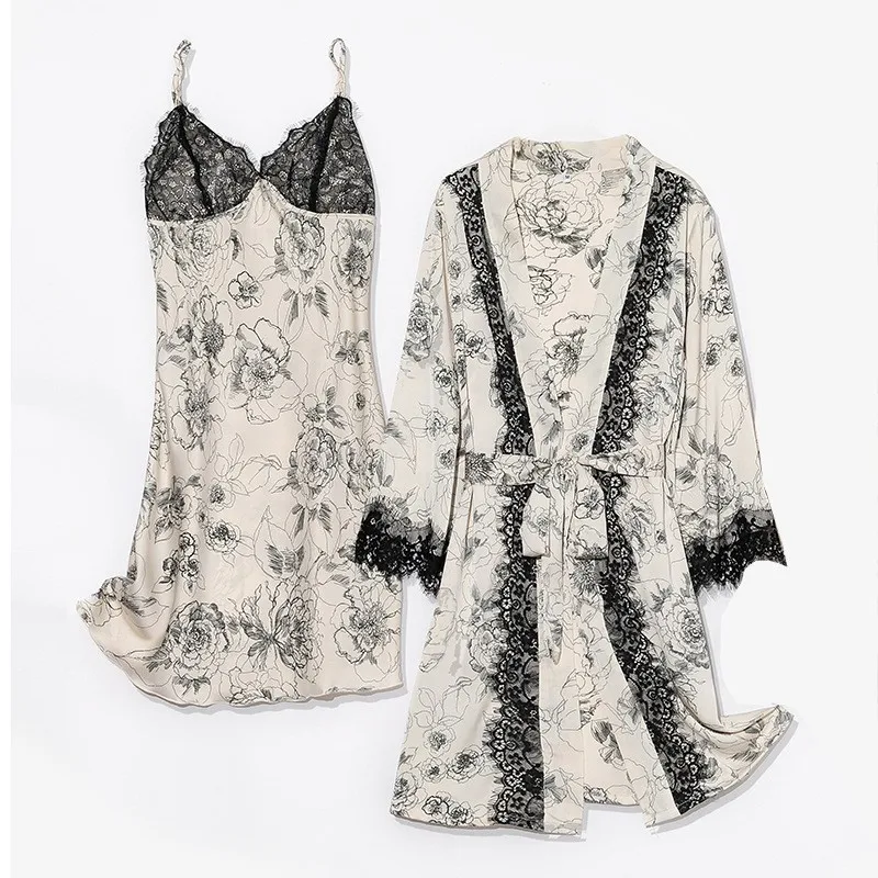 

Women Satin Robe Set Sexy Lace Nighty&Robe Suit Floral Print 2PCS Sleepwear Female Sleep Set V-neck Kimono Gown Home Clothing