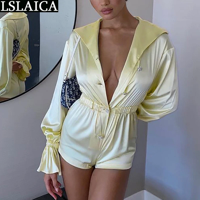 

Playsuit Turn Down Collar Elegant Sexy & Club Jumpsuits for Women Solid Color Fashion Long Sleeve Button Casual Bodysuit Women