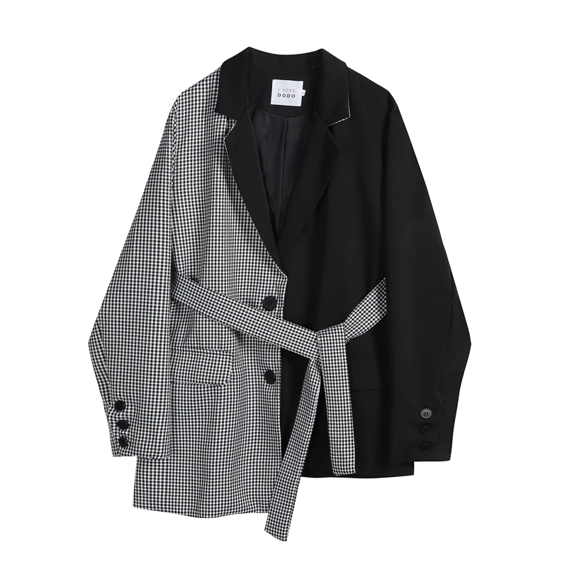 Women Irregular Blazer Coat With Belt 2021 Autumn Korean Plaid Patchwork Streetwear Single-Breasted 