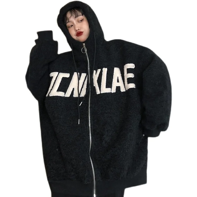 

Real Shot Hooded Cardigan Lamb Wool Sweatshirt Coat for Women Plus