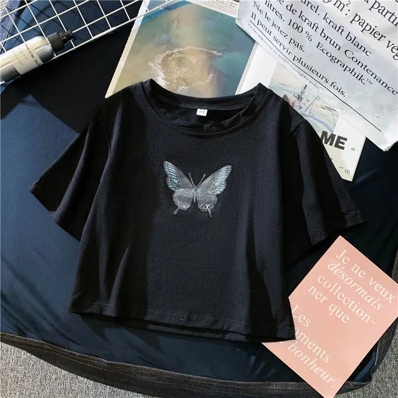 

Top crop top Cotton T-shirt women's short sleeve short open navel decoration height waist leakage navel Butterfly Top