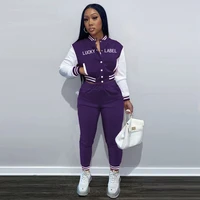 womens tracksuit lucky label letter print sport suit buttons up long sleeve baseball coats and workout jogger pant 2 piece sets