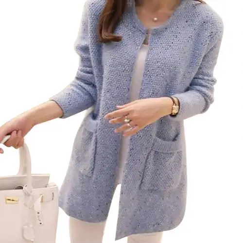 Light Blue Вязаный кардиган свитер женский зимняя куртка теплый модный женский Одноцветный мешок вязаный свитер туника, кардиган - Цвет: Light Blue