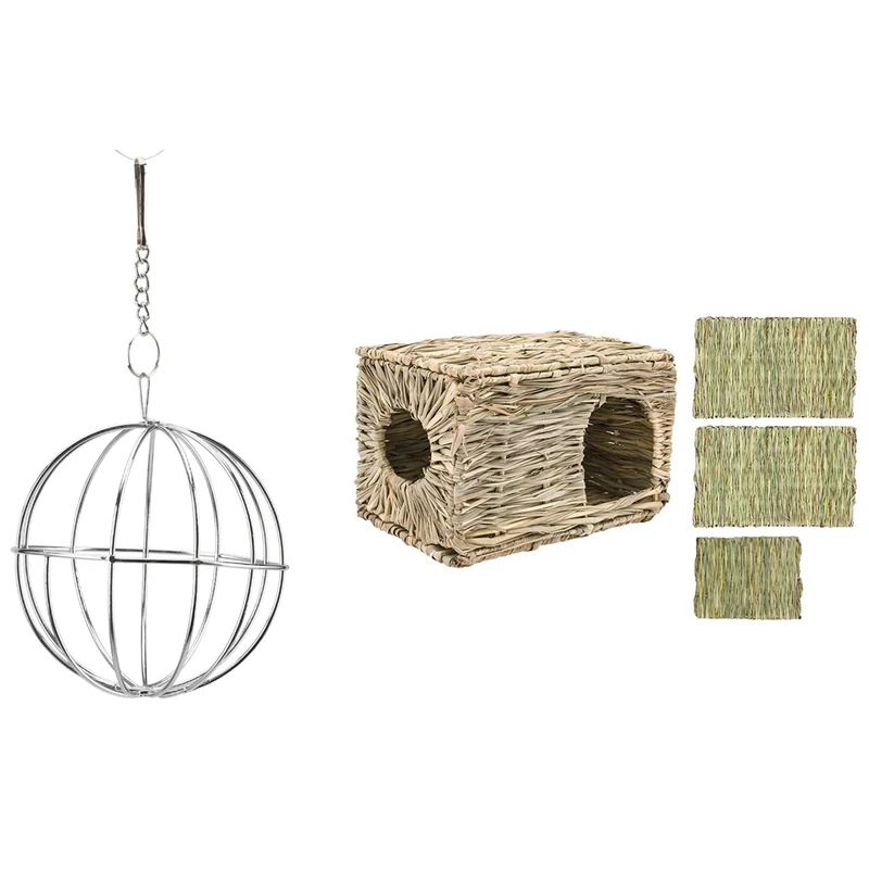 

1 Pcs Hanging Ball Toy Sphere Treat Feed Dispenser & 1 Set Rabbit Hut Hand-Woven Hay Bed with 3 (2L + 1M) Mats