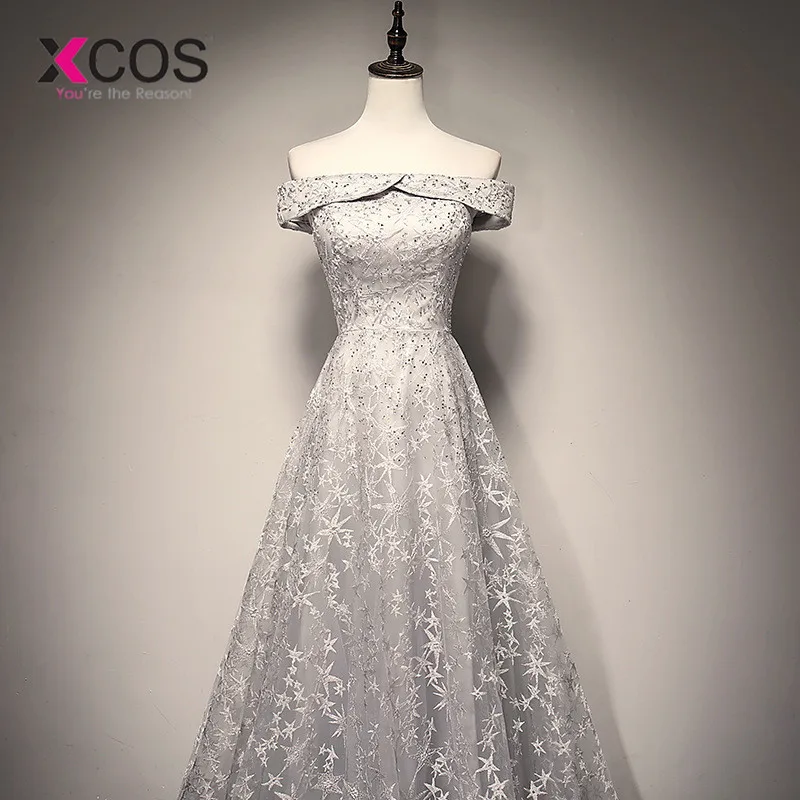 XCOS серебристо-серые элегантные женские длинные платья для выпускного вечера 2019