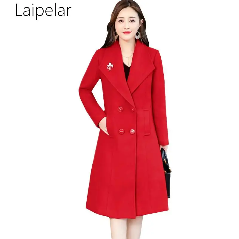 

New Long Jackets Woman Winter Woolen Coat Suit Collar Long Sleeve Double Breasted Windbreaker Outerwear High Quality