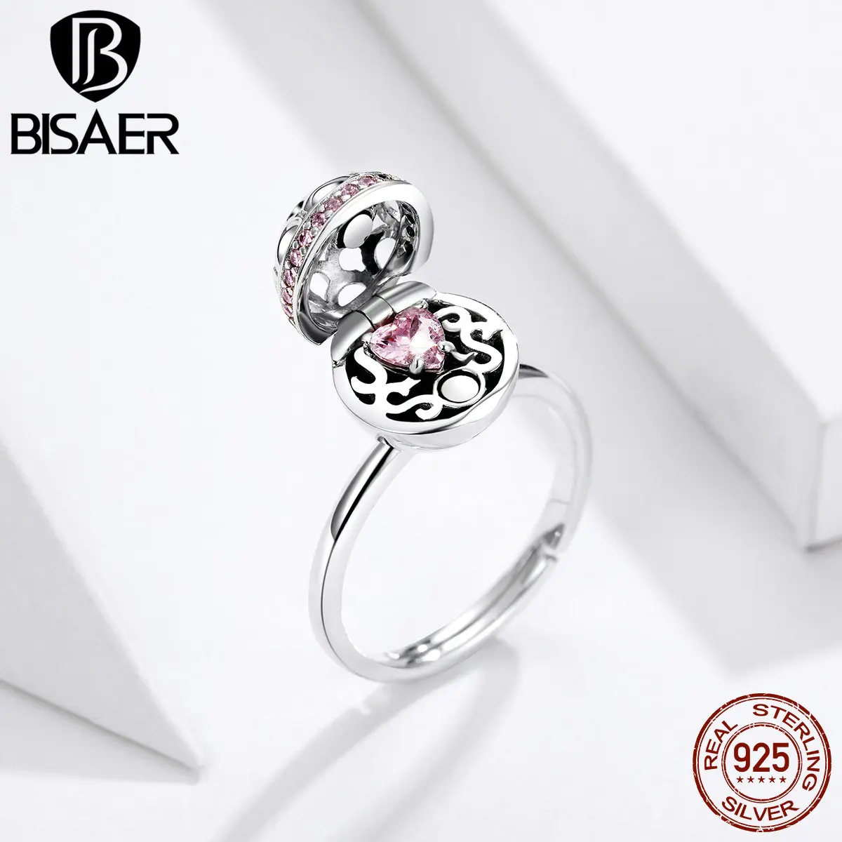 BISAER, 925 пробы, серебряная Подарочная коробка, кольца на палец, скрытая любовь для женщин,, лучшие подарки, ювелирные аксессуары GXR530