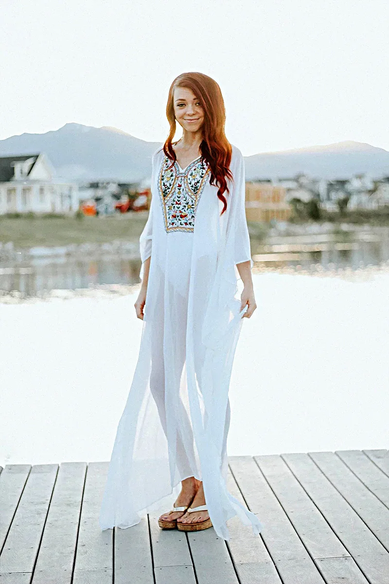 Fitshinling Embroidered Chiffon Long Dress Swimwear Flare Sleeve Sexy Hot White Beach Maxi Dresses Women Holiday Boho Vestidos | Женская