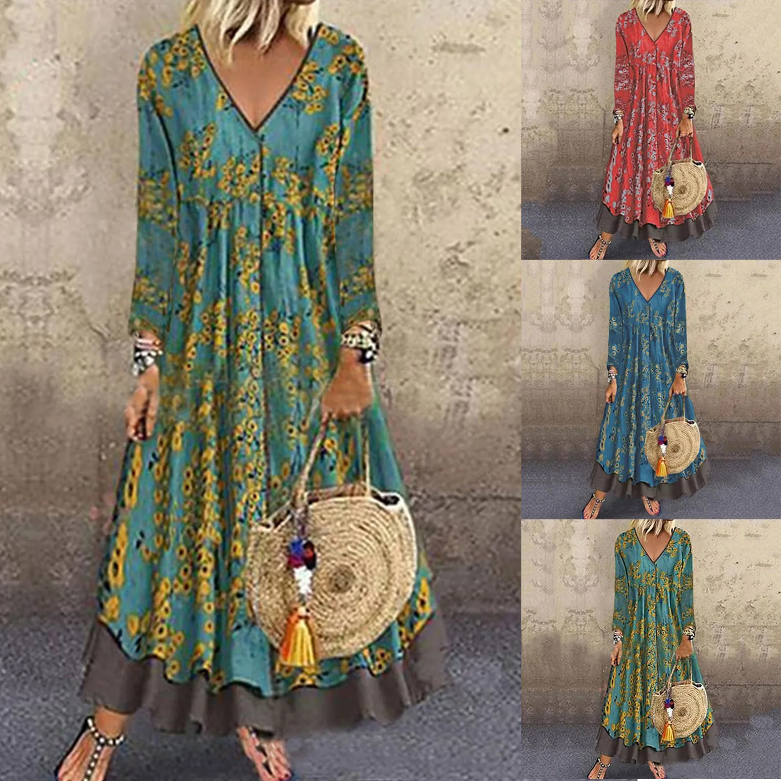 

Women Casual V-Neck Retro Print dress Long Sleeve Fake Two Hedging Dresses Ladies Autumn Casual Holiday Dress vestidos платье