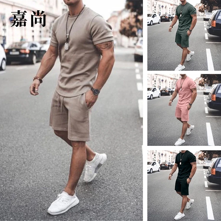 

2021 Summer New Men Casual Shorts Sets Short Sleeve T Shirt +Shorts Solid Male Tracksuit Set Men's Brand Clothing 2 Pieces Sets