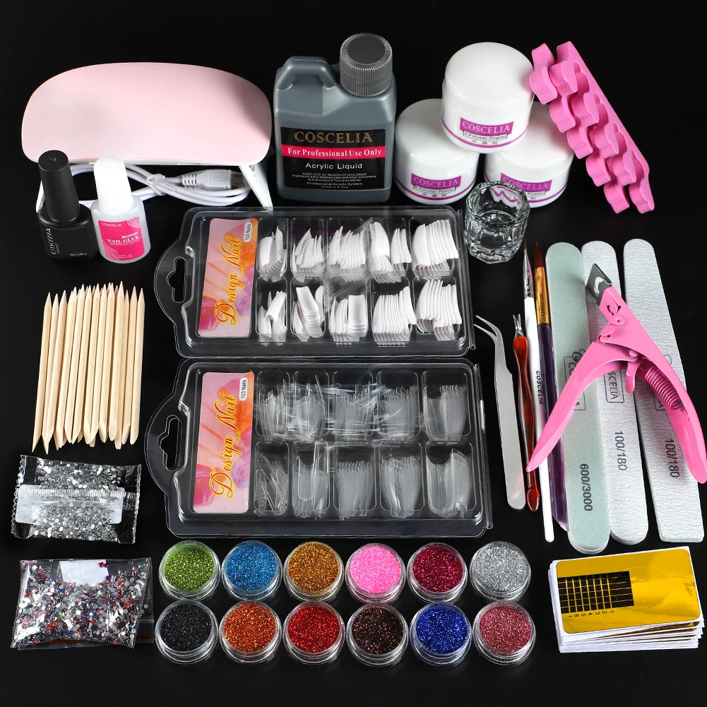 

COSCELIA Professional Acrylic Powder Kit With 6W UV LED Lamp Acrylic Powder Liquid Nail Drill Glitter All For Manicure Nail Kit
