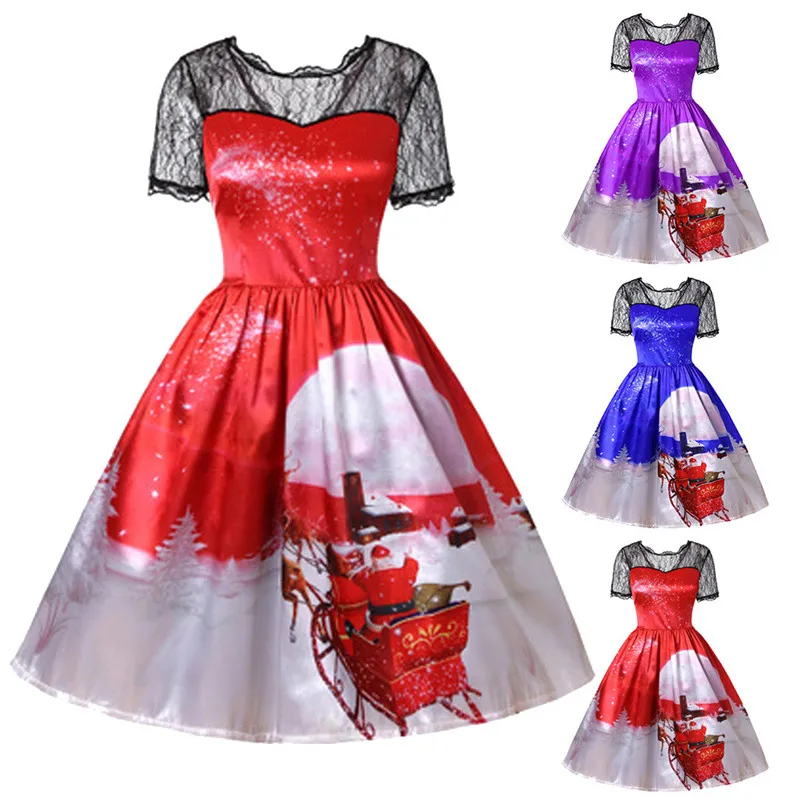 Winter Christmas Dresses Women Black Lace Vintage Swing Elegant Party Dress Short Sleeve Casual Plus Size Print N28 | Женская одежда