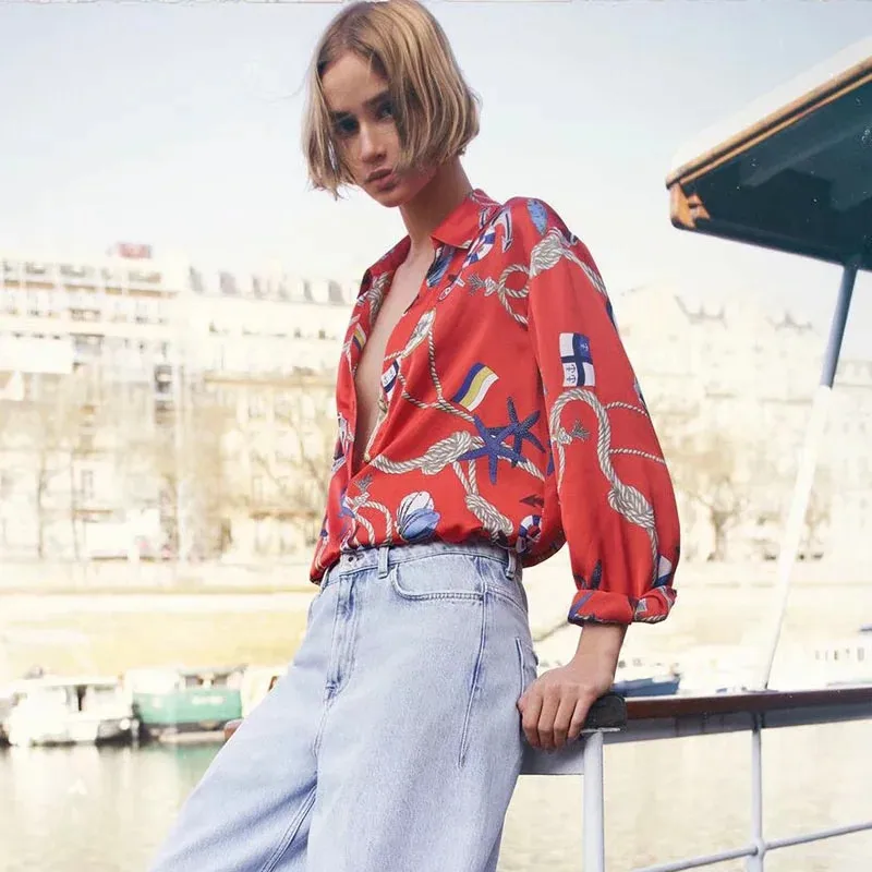 

New Women's Shirts Sailing Style Long Sleeve Loose Printing Shirts For Female Spring Causal Tops Clothes