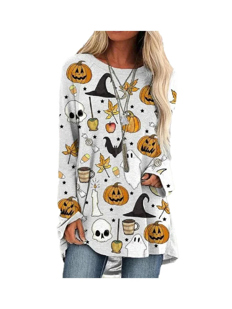 

Women's Fashion T-Shirt Loose Round Neck Animals Halloween Number Spring And Autumn Printed Long Sleeve Ladies Top