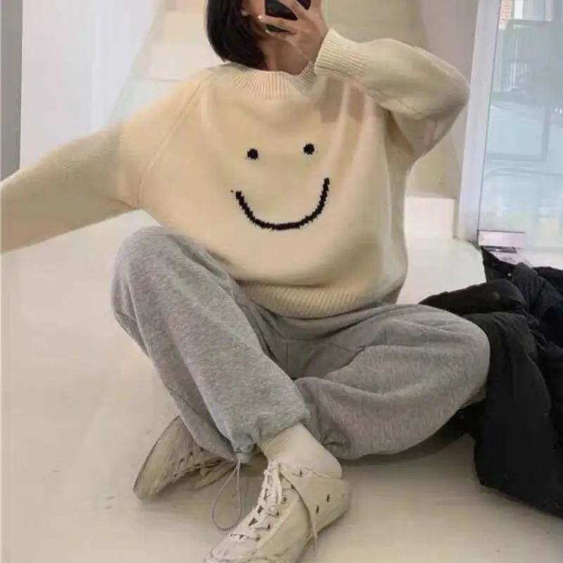 

Women O-Neck Korean Style Harajuku Chic Ladies Jumper Loose Print Smile Sweater 2021 Autumn Winter Female Pullover Sweaters Tops