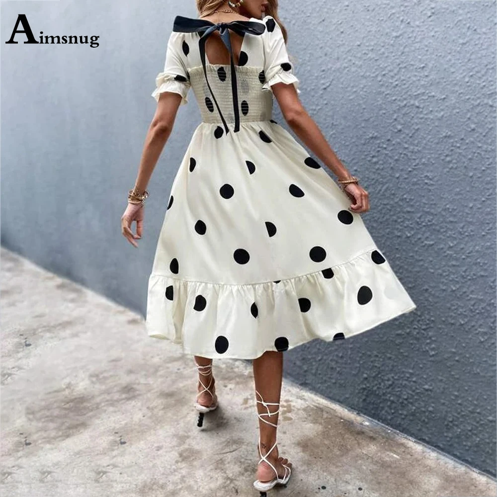 

2021 New Pleated Mid-Calf Sweet Dress For Women Elegant Square Collar Short Sleeve Party Dress Summer A-line Dresses Femme