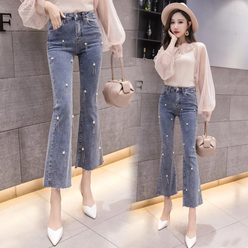 Джинсы клеш MUMUZI шикарные Украшенные бусинами женские джинсовые брюки новинка