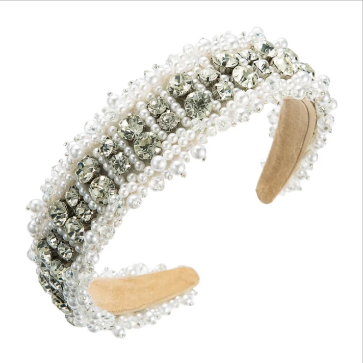 

Vintage imitation pearl glass drill hand-stitched headbands temperament baroque wide-brim hair accessories