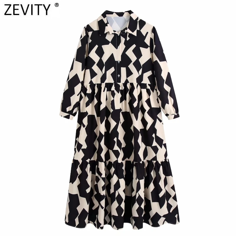 Женское винтажное платье-рубашка Zevity средней длины с геометрическим принтом контрастных цветов, элегантное Деловое платье с отложным воротником DS8767