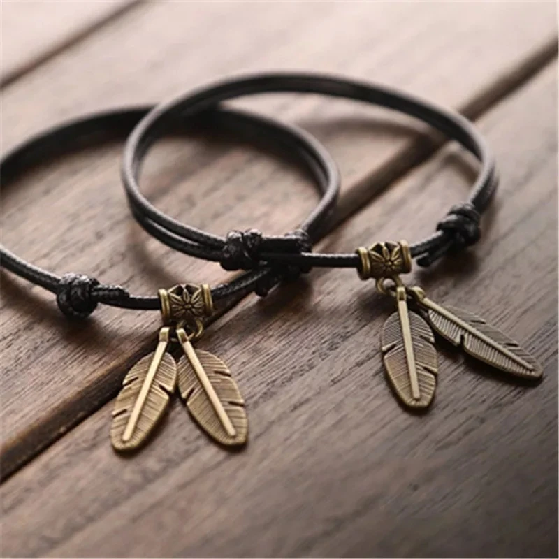 Набор мужских браслетов винтажный браслет из вощеной веревки кленовый лист перо