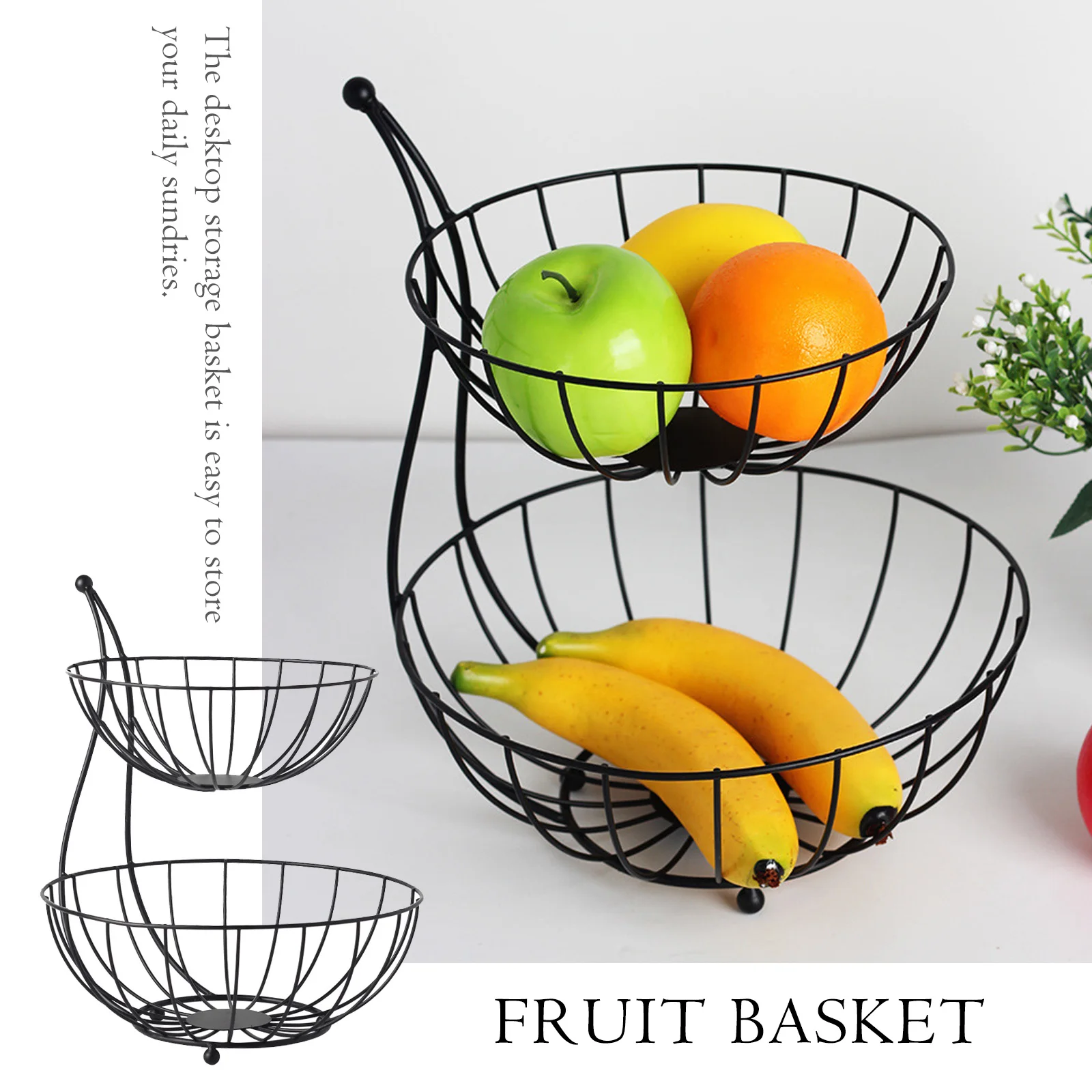 

Iron Art Basket Double Layers Fruit Storage Basket Restaurant Metal Basket Kitchen Home Storage Organization Baskets