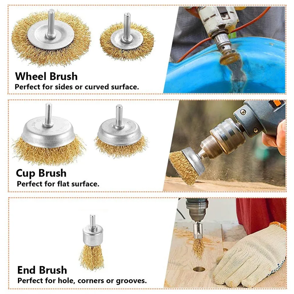 Проволочная щетка с хвостовиком 6 мм 5 шт. для крепления дрели латунным покрытием