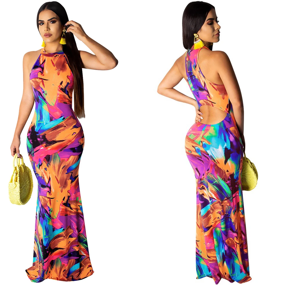 orange dress Элегантное женское платье с цветочным принтом в стиле бохо, Осеннее банкетное длинное платье, сексуальное открытое вечернее платье с открытой спиной, наряд vestidos - Цвет: orange dress