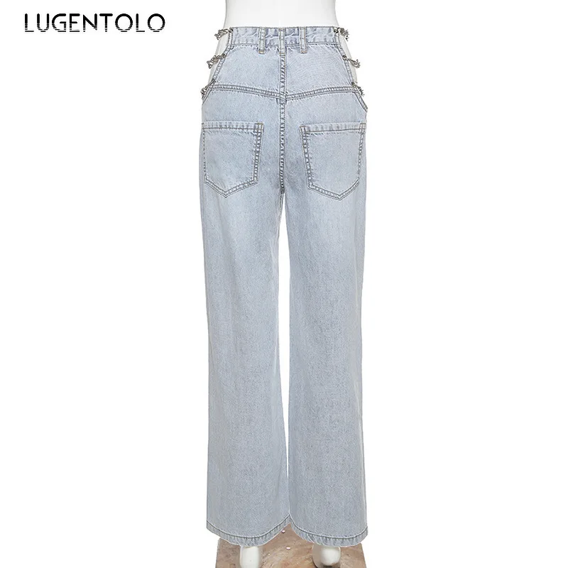 

Lugentolo Summer Women Jeans Loose High Waist Slim Lady Chain New Wide Leg Straight Casual Pants Fashion Street Jeans