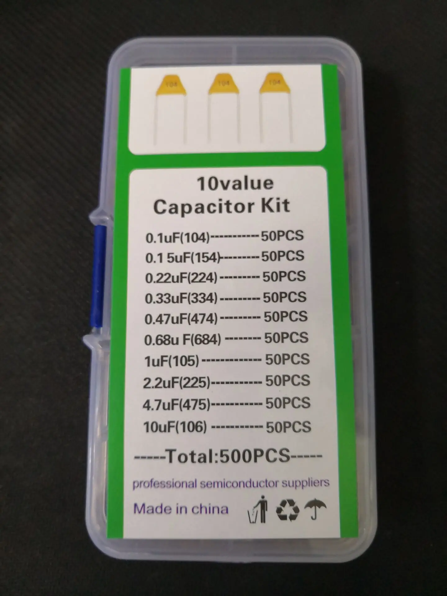 

1 Box 500pc Monolithic Capacitor kit 10 Value 104 105 106 154 223 334 474 684 225 475/10 4.7 2.2 0.68 0.47 0.33 0.22 0.15 0.1 UF