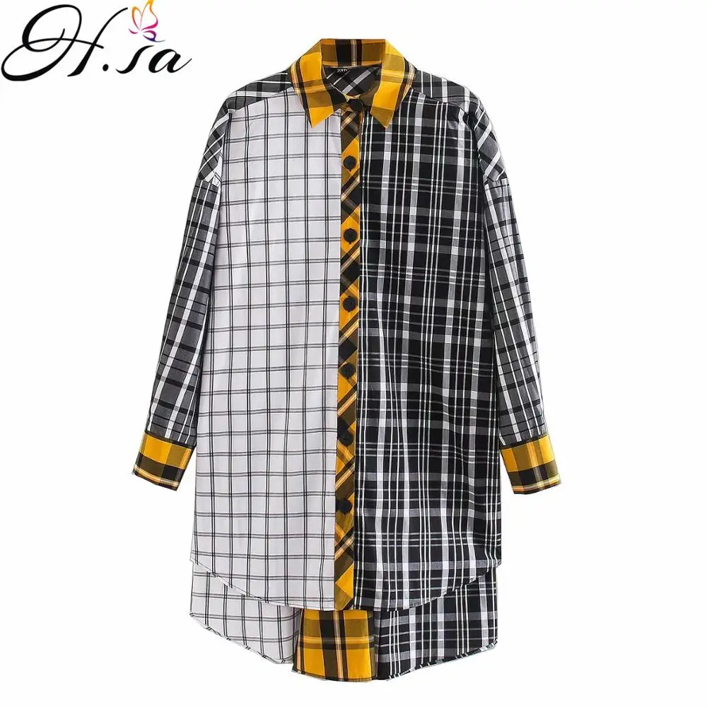 Женская Повседневная рубашка в клетку H.SA Длинная желтая с отложным воротником