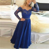 hot elegant royal blue evening dresses long sleeve appliques lace evening gowns floor length prom dresses