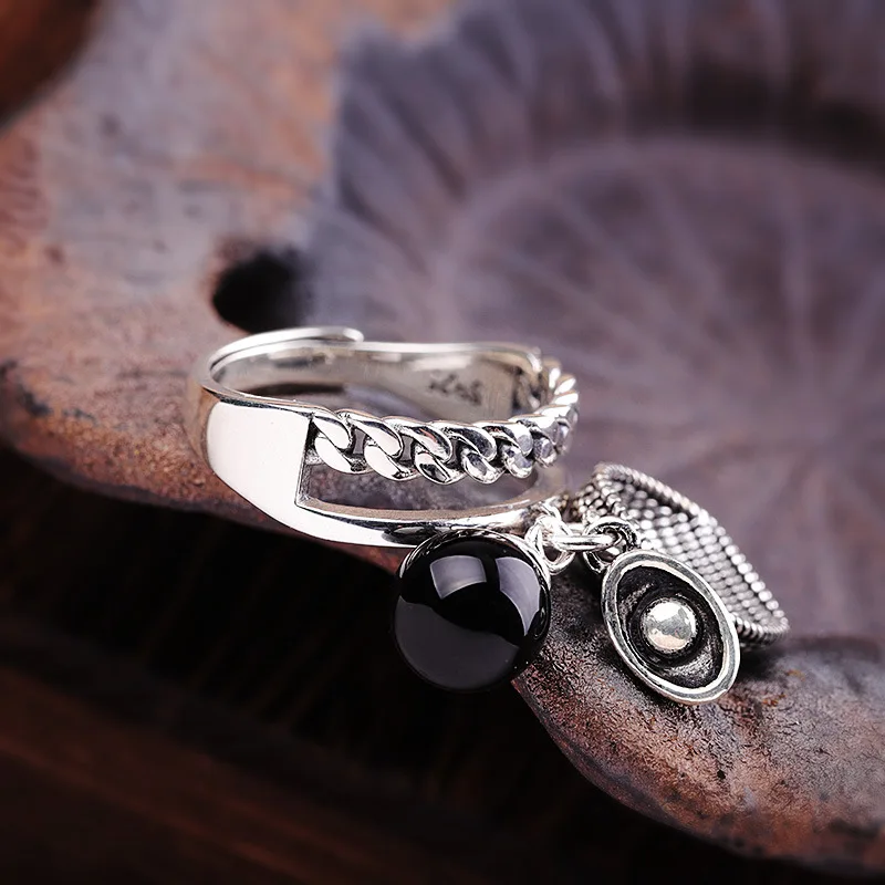 

Real 925 Sterling Thai Silver Black Agate Lucky Ring Original Design Vintage Cute Charm Open Rings Fine Jewelry gitfs For Women
