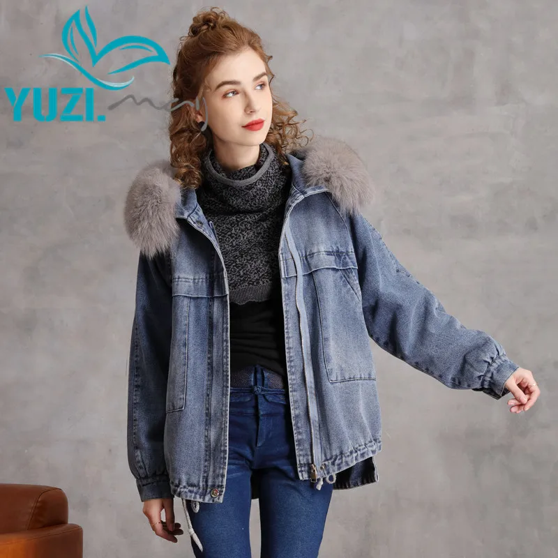 Female Denim Jacket 2020 Yuzi.may Boho New Coat Women Patchwork Fur Collar Covered Button Zipper Blue Thicken Coats B9319