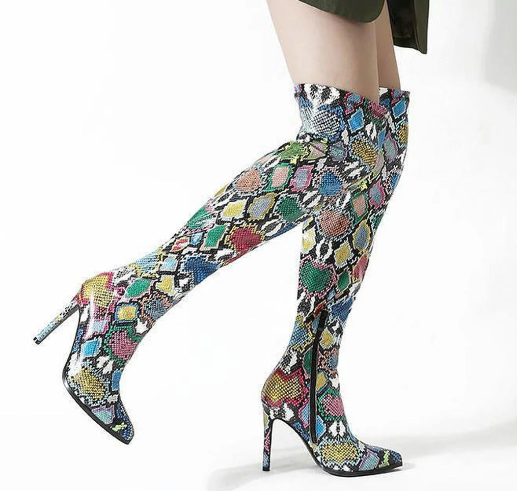 

2022 Womens Pointed Toe Snake Pattern Over The Knee Thigh Boots Stilettos High Heel Shoes Match Colors Size New 2022