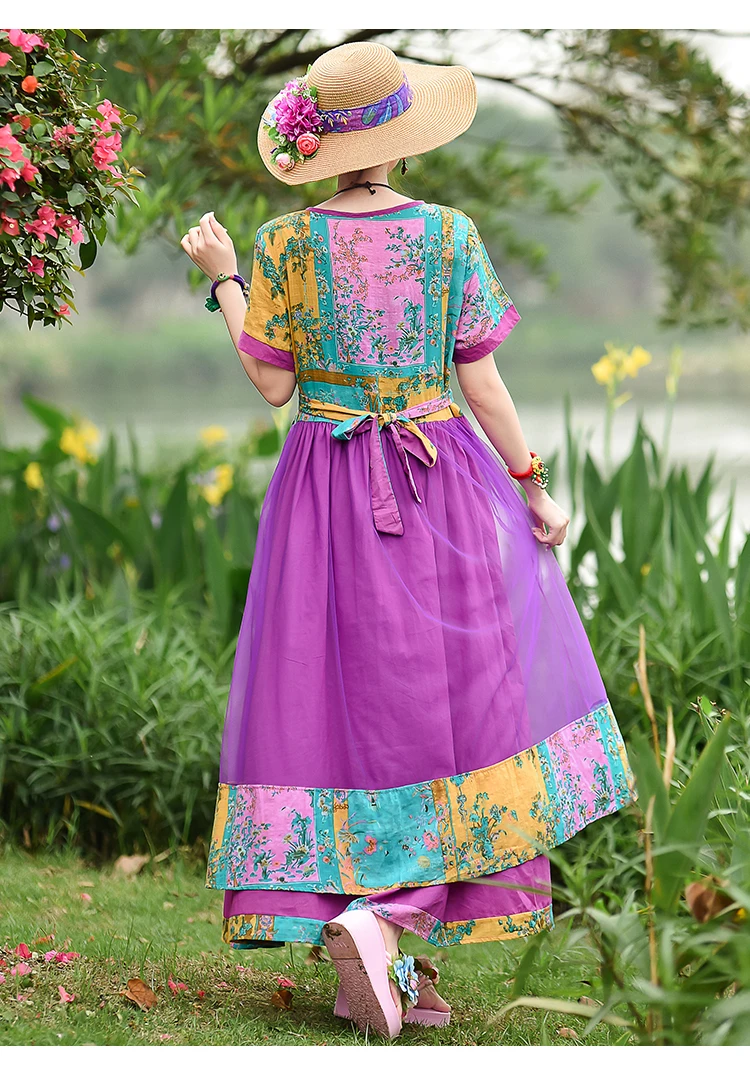 

Women's Dresses New National Style Dress Print Cotton Silk Plus Size Loose Short Sleeve Summer A-LINE Lady O-neck Ankle-Length