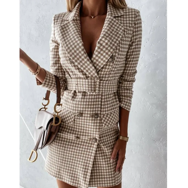 

Fashion Long Trench Coat 2021 Spring Autumn New Women's Overcoat Houndstooth Khaki Office Ladies Elegant Trench With Belt