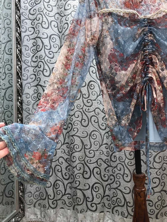 

Lace High Quality Blouses 2021 Spring Summer Lace Tops Women Vintage Print Drawstring Deco Long Sleeve Pleated Casual Sexy Tops