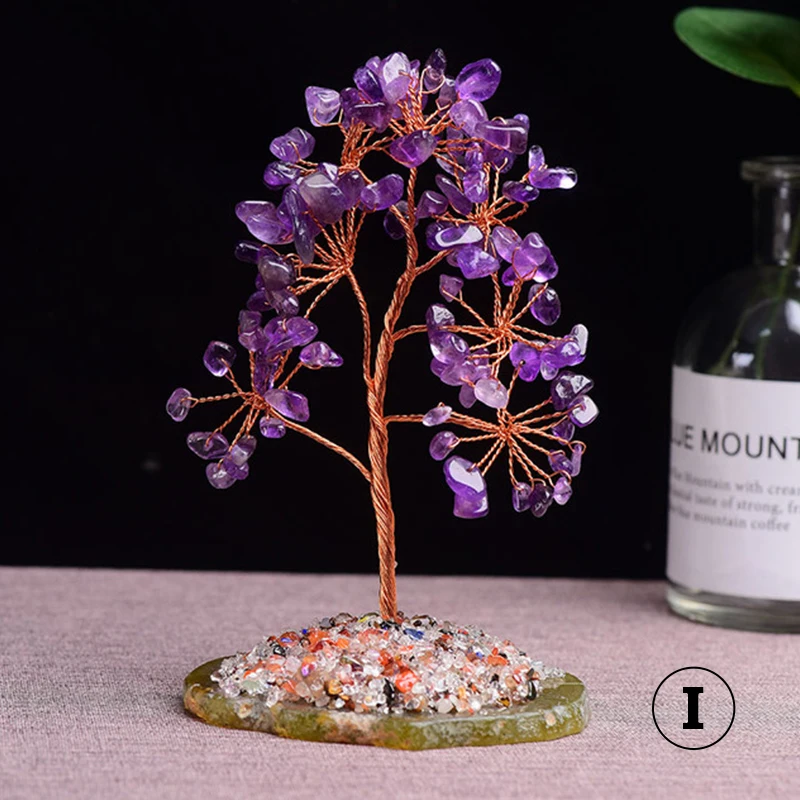 

Mini Crystals Money Tree Copper Wire Wrapped With Agate Slice Base Chakra Amethyst Gemstone Trees Feng Shui Home Office Decor
