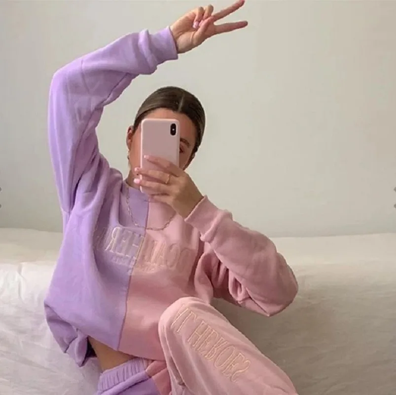 

Embroidery Letter Purple Pink Stitching Two Piece Outfits for Women Sweatshirt Long Sleeve Trousers Streetwear Outfits for Women