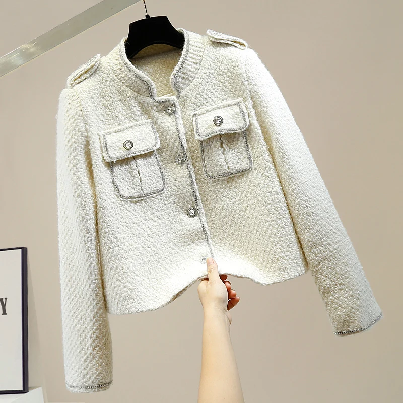 

Укороченная шерстяная куртка Женские твидовые куртки 2020 осень зима воротник стойка однобортное женское Шерстяное Пальто Верхняя одежда Од...