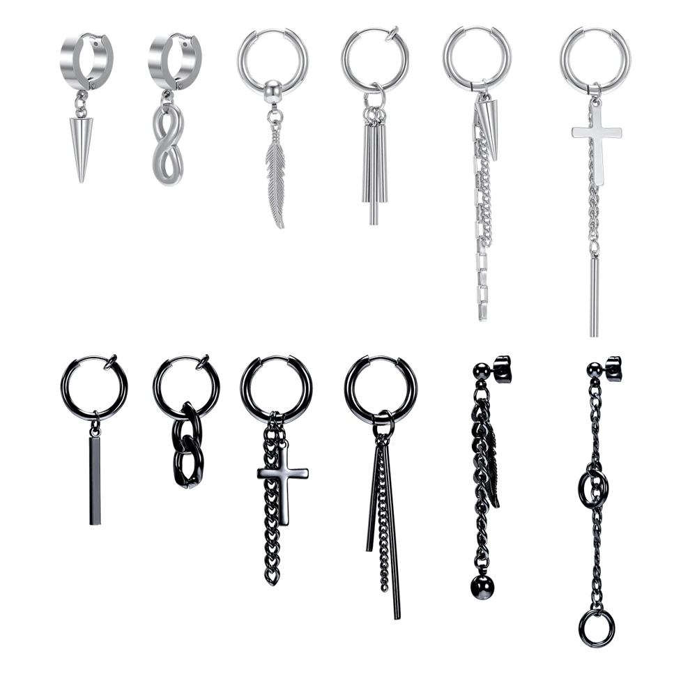 

6pcs/Lot Korean Dangle Drop Earring For Women Men Feather Cross Dangling Earring Gothic Stainless Steel Huggie Hoop Earring Kpop