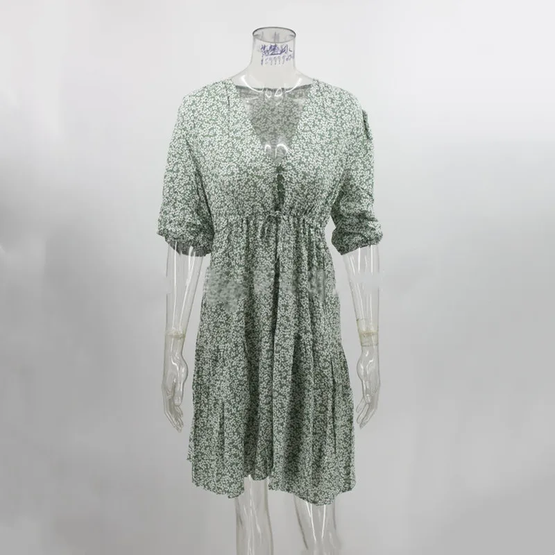 

2021 Summer New Sexy Deep V Neck Lace-Up Half Sleeve Printed Dress Women Fashion Boho Floral Ruffle Stitching Pullover Dress