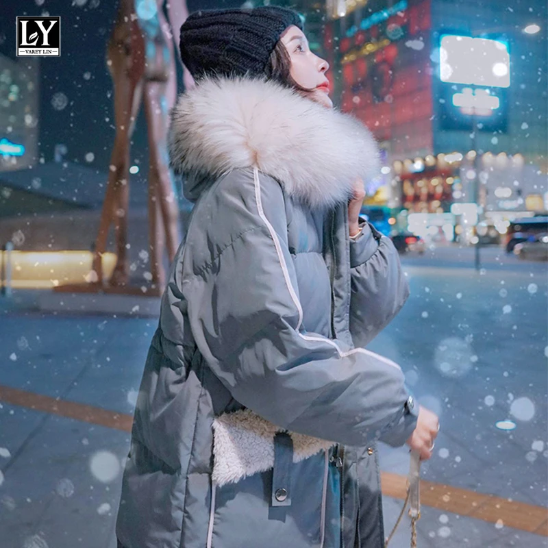

Хлопковое пальто LY VAREY LIN, новые зимние Лоскутные пальто из овечьей шерсти с карманами и воротником из натурального меха, свободные утепленн...