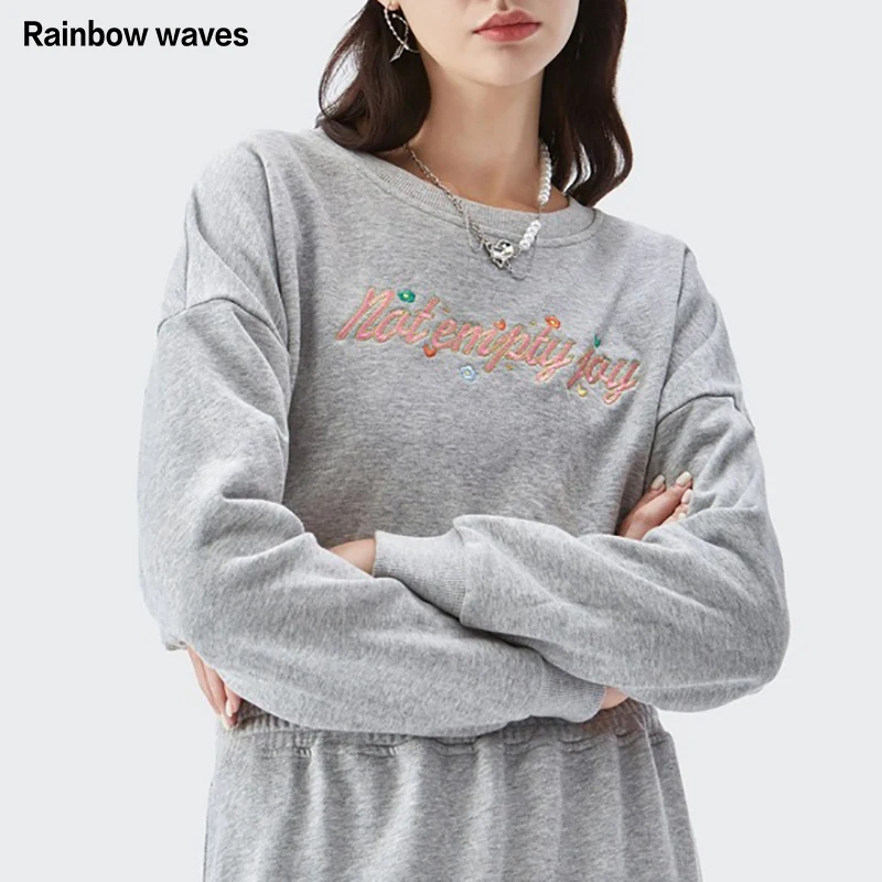 

Rainbowwaves Letter Embroidery Print Sweatshirt for Women Sexy Casual Long Sleeve Loose Streetwear Pullover Crop Top