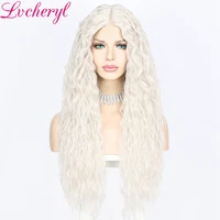 lvcheryl long kinky curly silver grey color synthetic lace front wig t part middle parting high temperature hair cosplay party