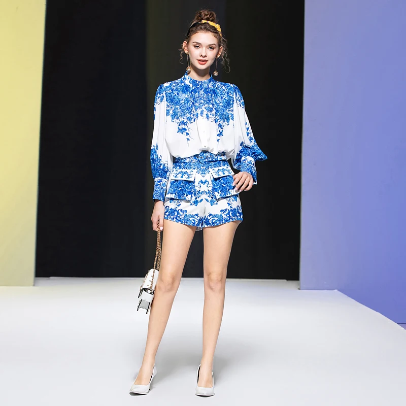 

Женский костюм-двойка, элегантная рубашка с длинным рукавом и принтом и шорты с карманами, повседневный костюм на весну